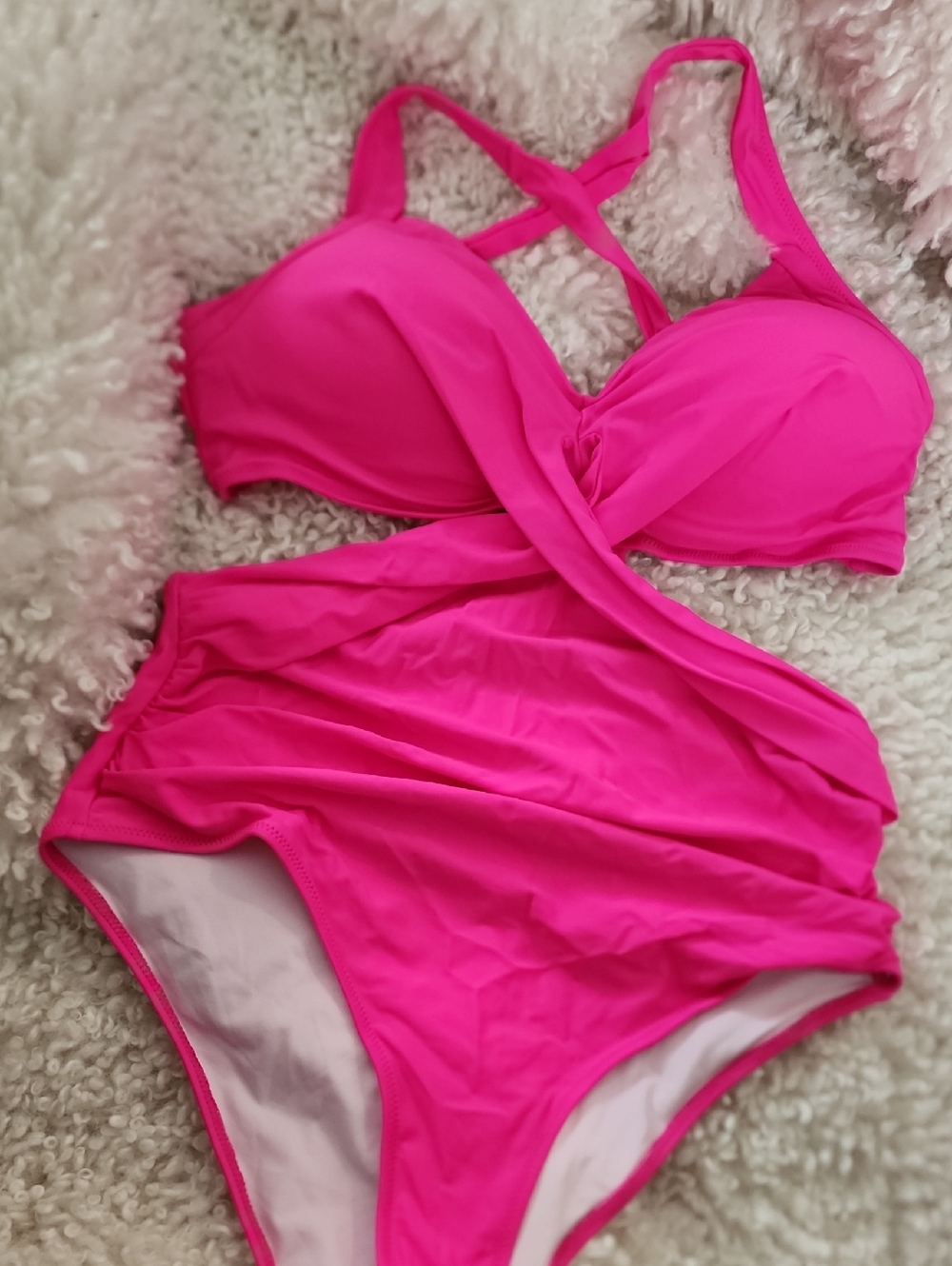 Hot Pink One-Piece Swimsuit with Twist Front, High Bottoms. Size XL